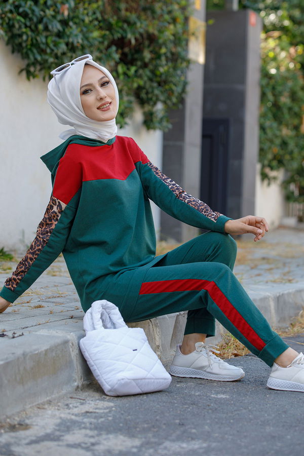 Düz Kapşonlu Yaka Kadın Yeşil TUNIK PANTOLON - 3095