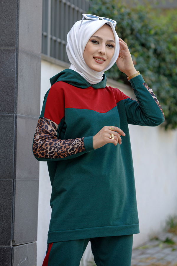 Düz Kapşonlu Yaka Kadın Yeşil TUNIK PANTOLON - 3095