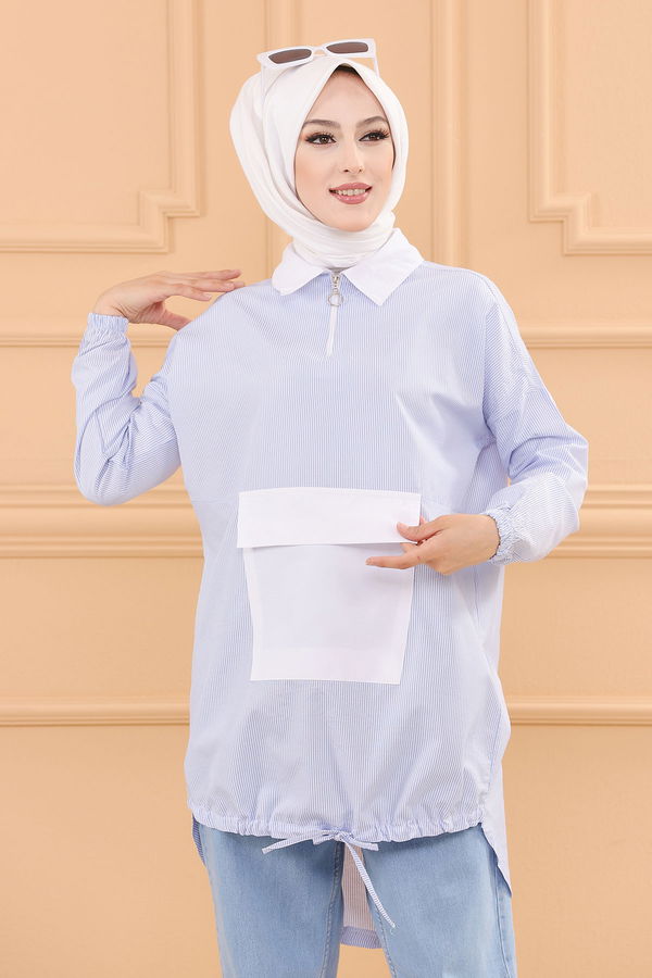 Düz Gömlek Yaka Kadın Mavi TUNIK - 3604