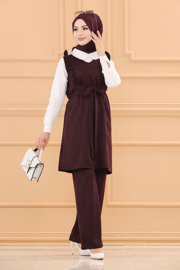 Düz V Yaka Kadın Mürdüm TUNIK PANTOLON - 3710 MÜRDÜM
