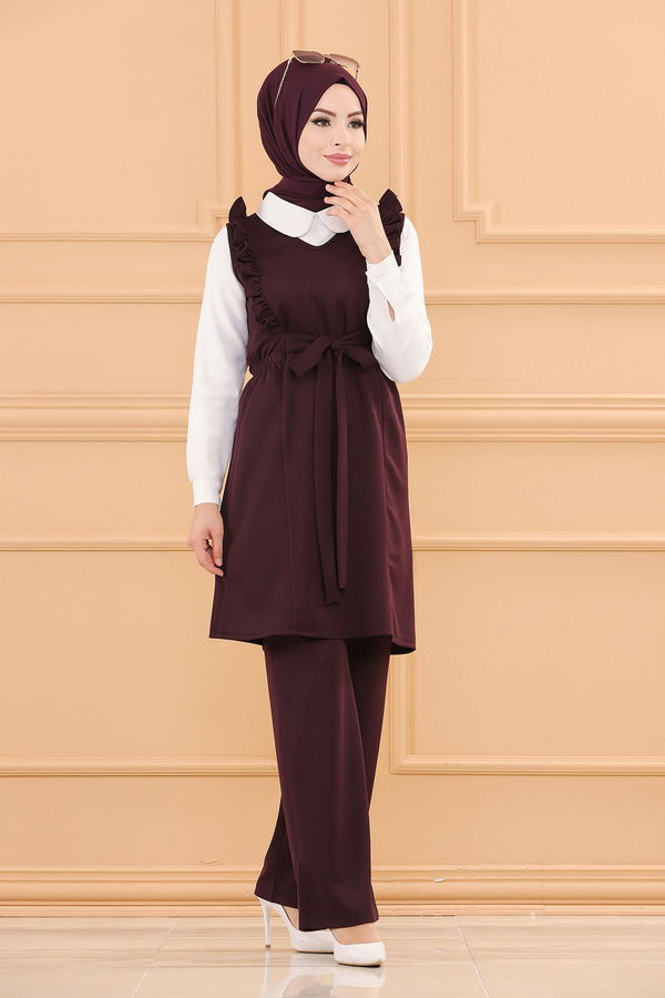 Düz V Yaka Kadın Mürdüm TUNIK PANTOLON - 3710 MÜRDÜM