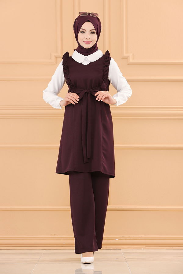 Düz V Yaka Kadın Mürdüm TUNIK PANTOLON - 3710 MÜRDÜM