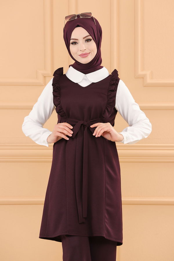 Düz V Yaka Kadın Mürdüm TUNIK PANTOLON - 3710 MÜRDÜM