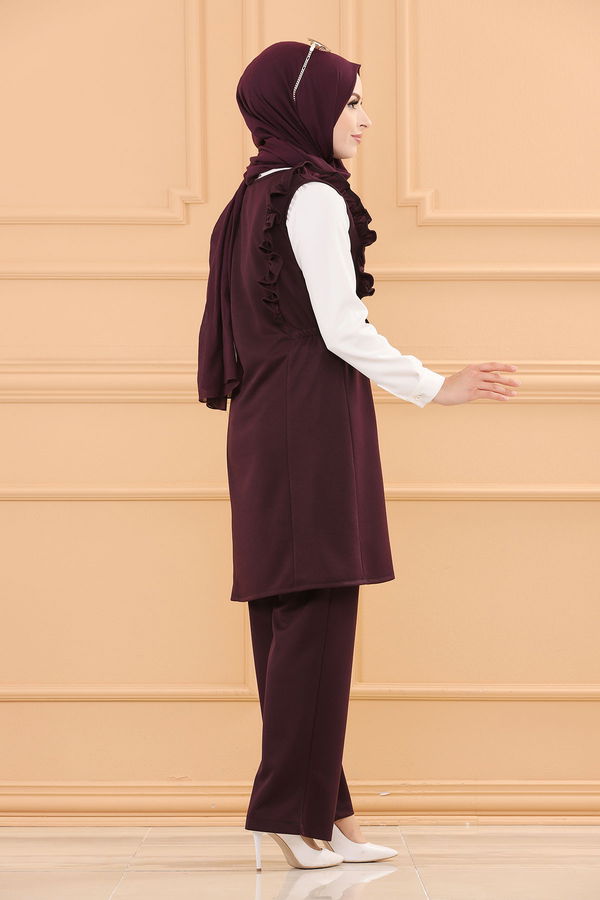 Düz V Yaka Kadın Mürdüm TUNIK PANTOLON - 3710 MÜRDÜM