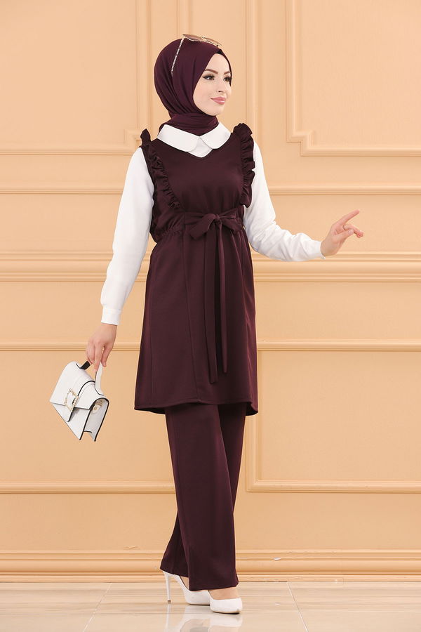 Düz V Yaka Kadın Mürdüm TUNIK PANTOLON - 3710 MÜRDÜM