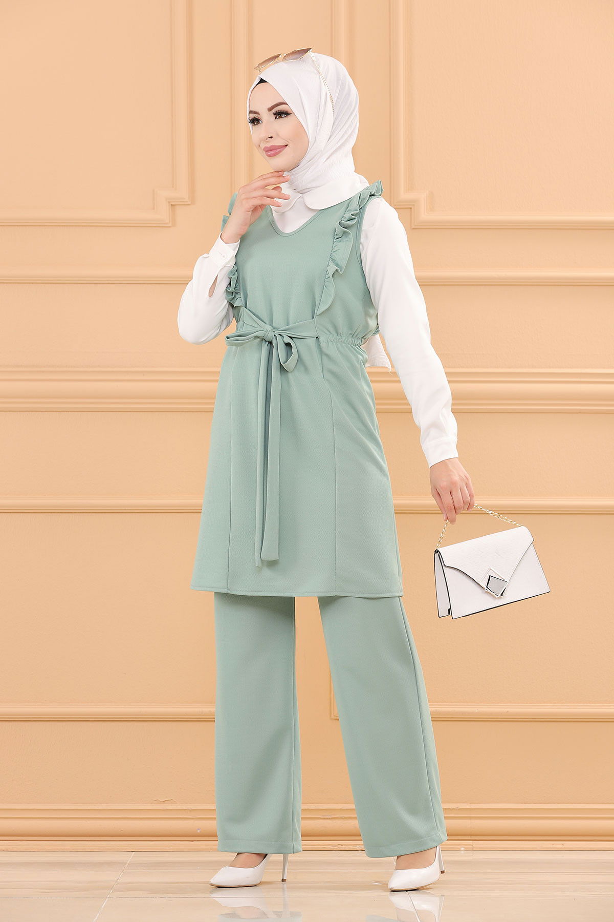 Düz V Yaka Kadın Yeşil TUNIK PANTOLON - 3710