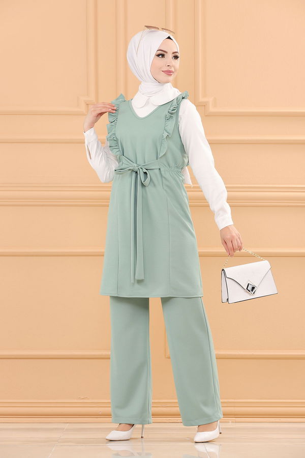 Düz V Yaka Kadın Yeşil TUNIK PANTOLON - 3710