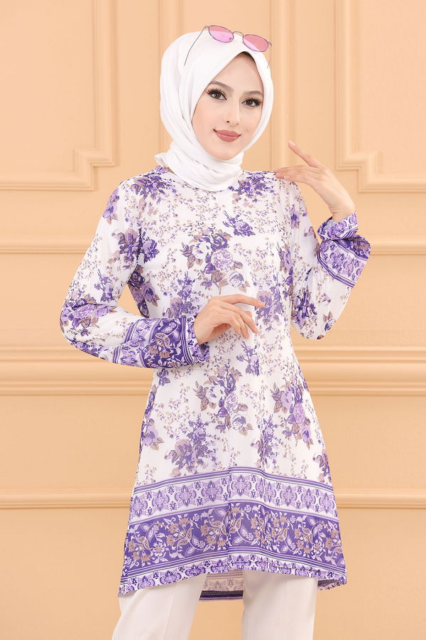 Düz Bisiklet Yaka Kadın Mor TUNIK - 3743 MOR