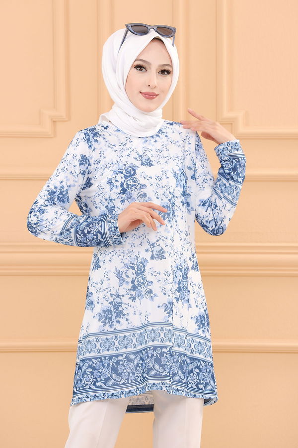 Düz Bisiklet Yaka Kadın Mavi TUNIK - 3743 MAVİ