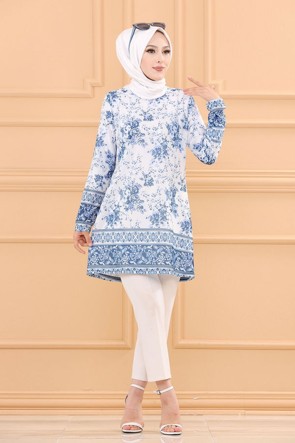Düz Bisiklet Yaka Kadın Mavi TUNIK - 3743 MAVİ
