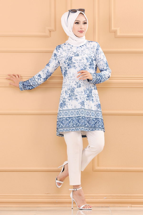 Düz Bisiklet Yaka Kadın Mavi TUNIK - 3743 MAVİ