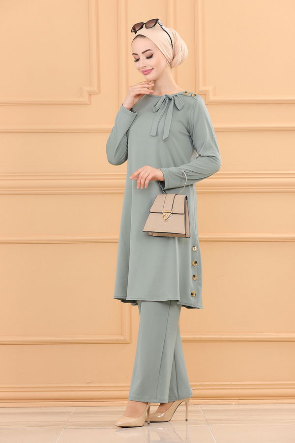 Düz Bisiklet Yaka Kadın Yeşil TUNIK PANTOLON - 3758 YEŞİL