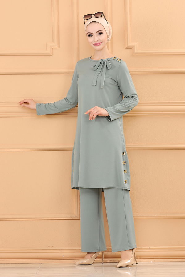 Düz Bisiklet Yaka Kadın Yeşil TUNIK PANTOLON - 3758 YEŞİL