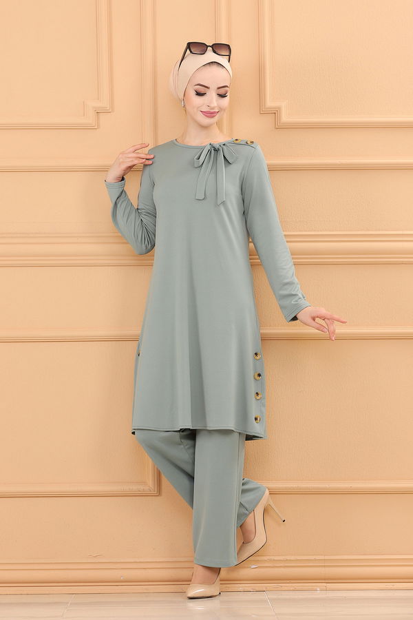 Düz Bisiklet Yaka Kadın Yeşil TUNIK PANTOLON - 3758 YEŞİL
