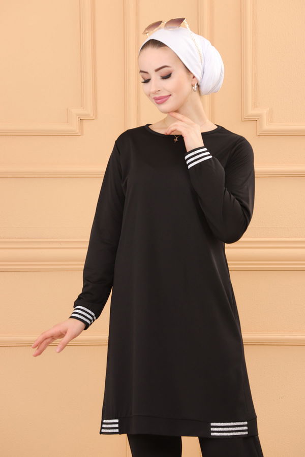 Düz Bisiklet Yaka Kadın Siyah TUNIK PANTOLON - 3759 SİYAH