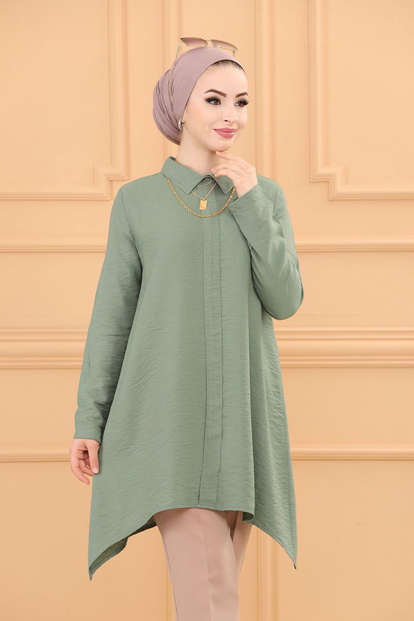 Düz Gömlek Yaka Kadın Yeşil TUNIK - 3256 YEŞİL