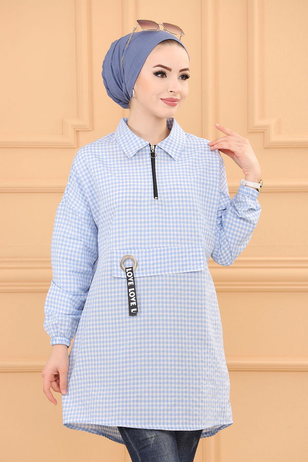 Düz Gomlek Yaka Kadın Mavi EKOSE TUNIK - 3716
