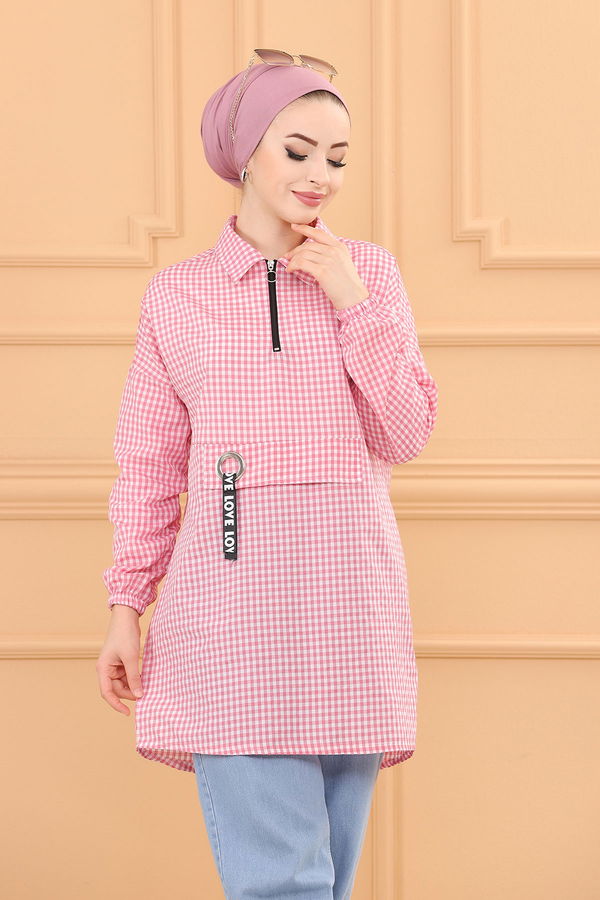 Düz Gomlek Yaka Kadın Pembe EKOSE TUNIK - 3716 PEMBE