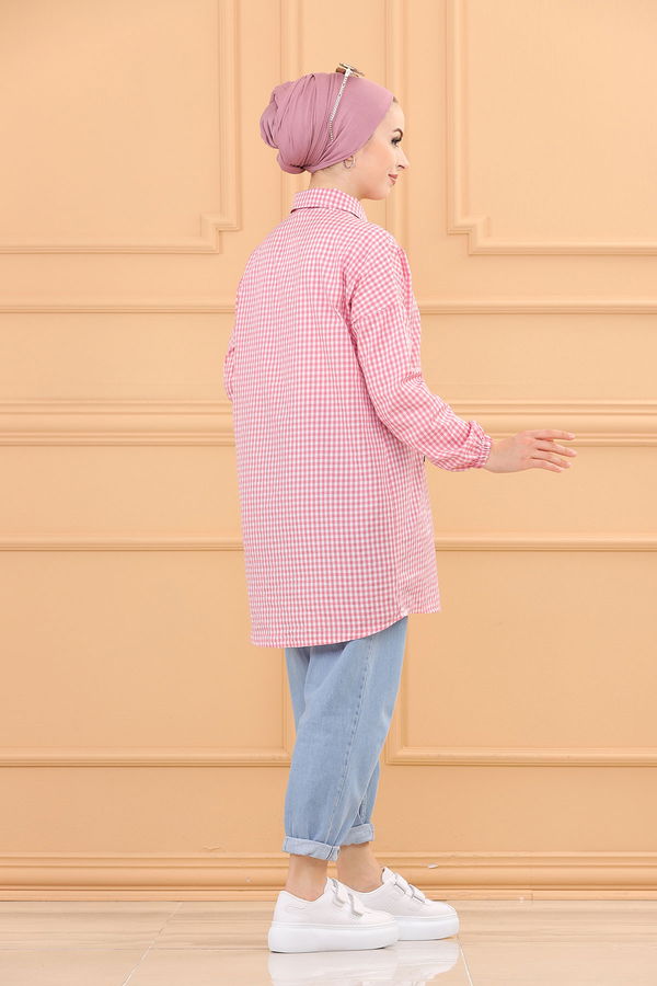 Düz Gomlek Yaka Kadın Pembe EKOSE TUNIK - 3716 PEMBE