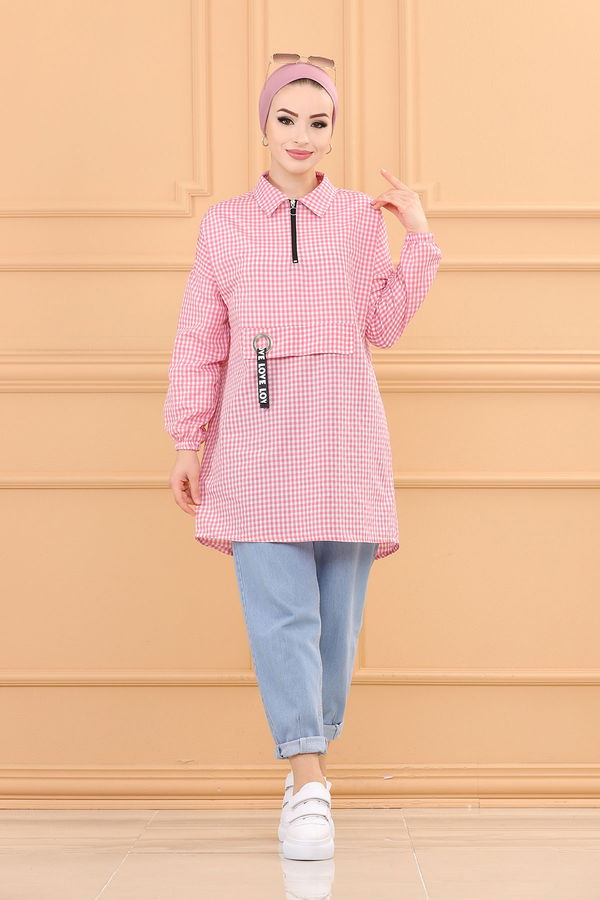Düz Gomlek Yaka Kadın Pembe EKOSE TUNIK - 3716 PEMBE