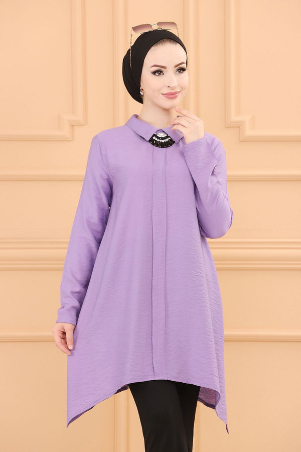 Düz Gömlek Yaka Kadın Lila TUNIK - 3256 LİLA