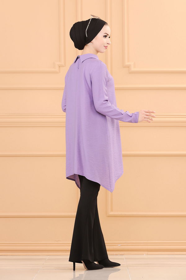 Düz Gömlek Yaka Kadın Lila TUNIK - 3256 LİLA