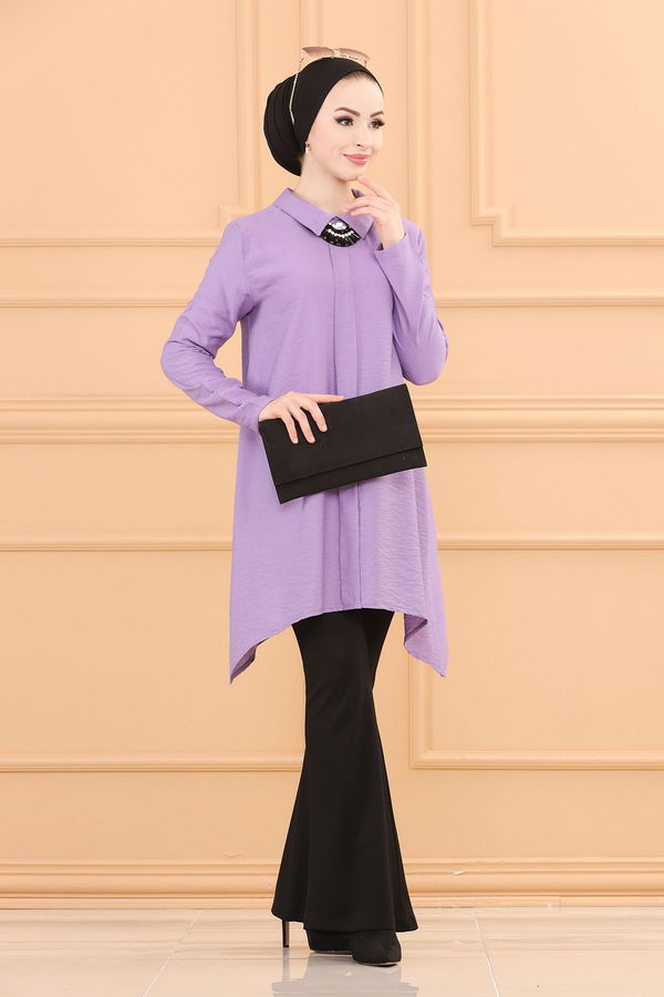 Düz Gömlek Yaka Kadın Lila TUNIK - 3256 LİLA