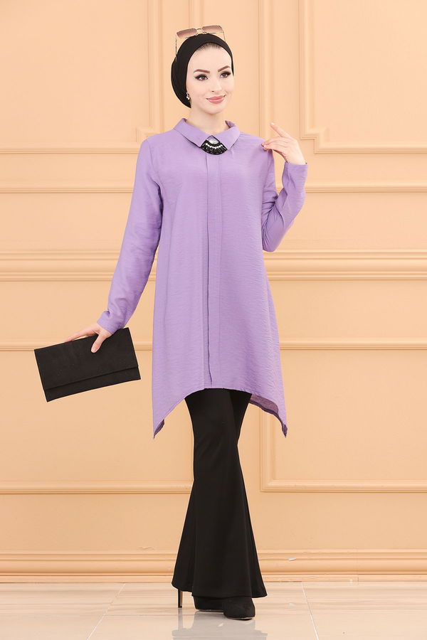 Düz Gömlek Yaka Kadın Lila TUNIK - 3256 LİLA