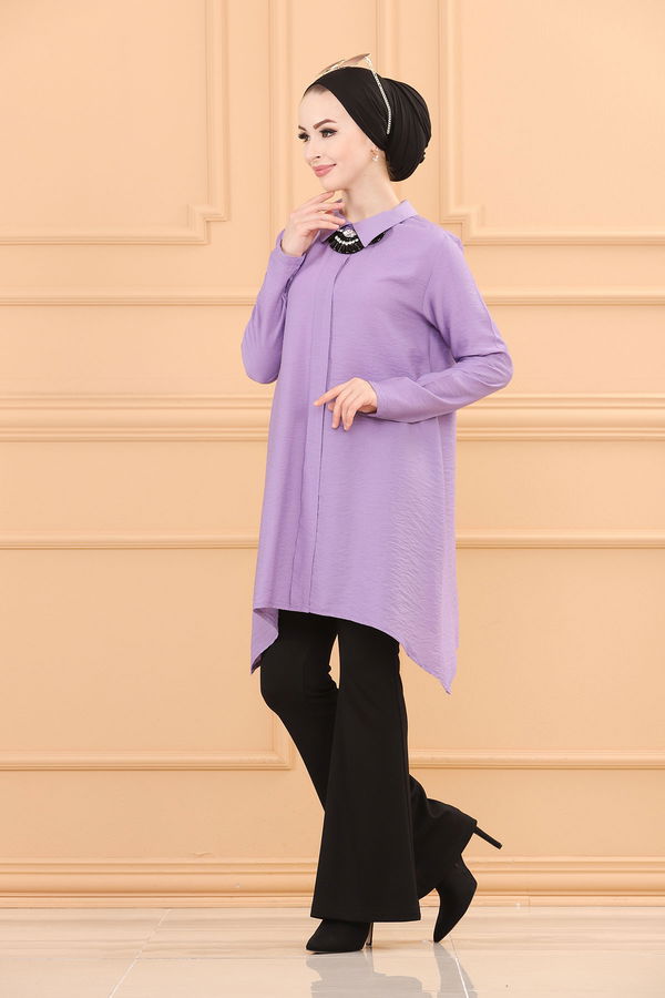 Düz Gömlek Yaka Kadın Lila TUNIK - 3256 LİLA