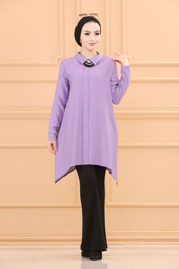 Düz Gömlek Yaka Kadın Lila TUNIK - 3256 LİLA