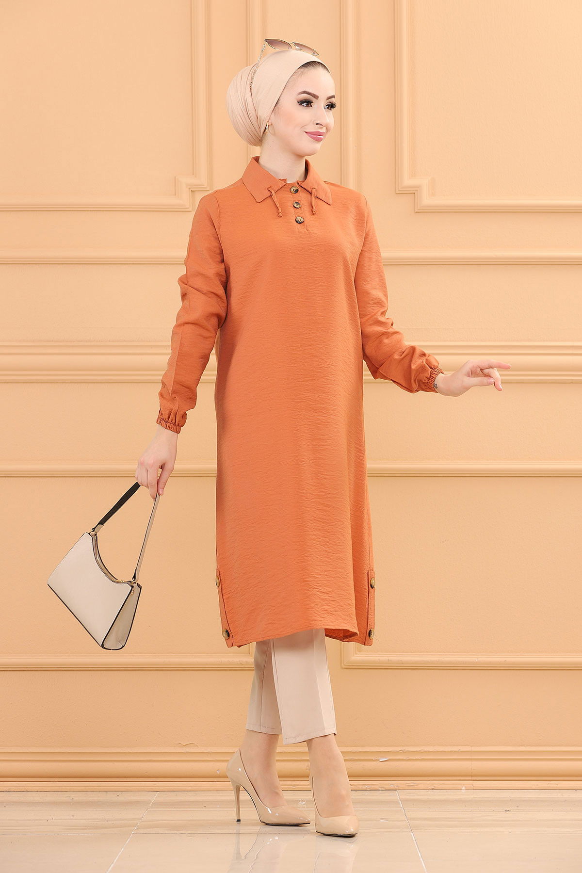 Düz Gömlek Yaka Kadın Taba Tunik - 3078