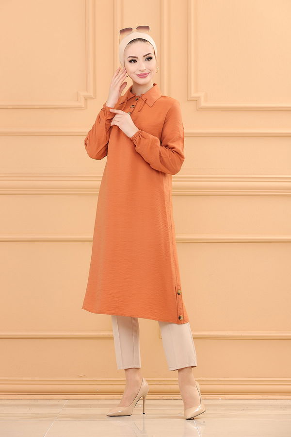 Düz Gömlek Yaka Kadın Taba Tunik - 3078