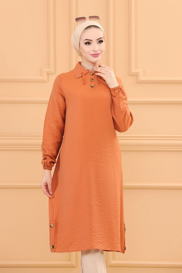 Düz Gömlek Yaka Kadın Taba Tunik - 3078
