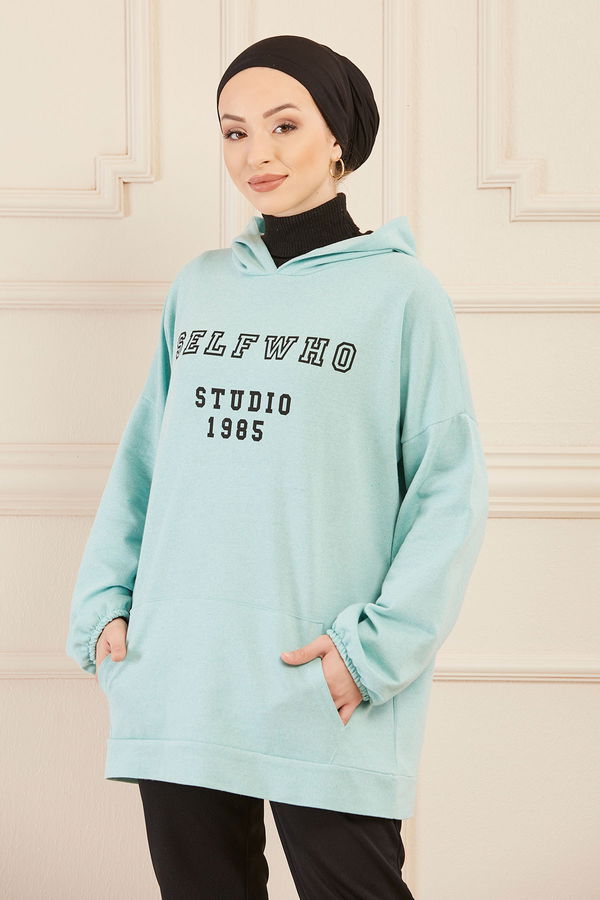 Düz Orta Kadın Yeşil Kapsonlu Sweat - 3322