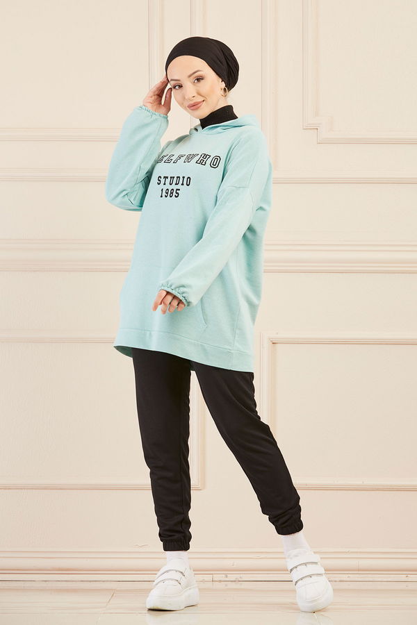 Düz Orta Kadın Yeşil Kapsonlu Sweat - 3322