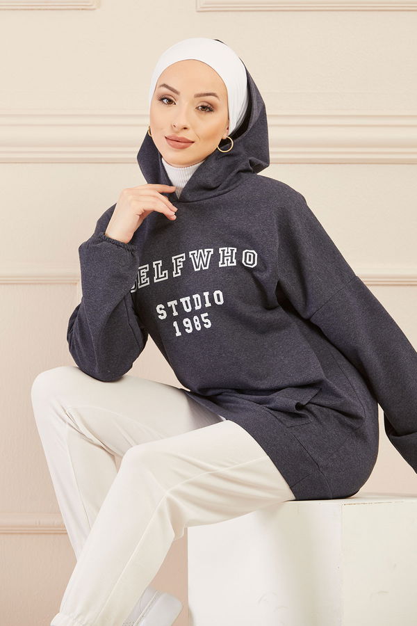 Düz Orta Kadın Mavi Kapsonlu Sweat - 3322