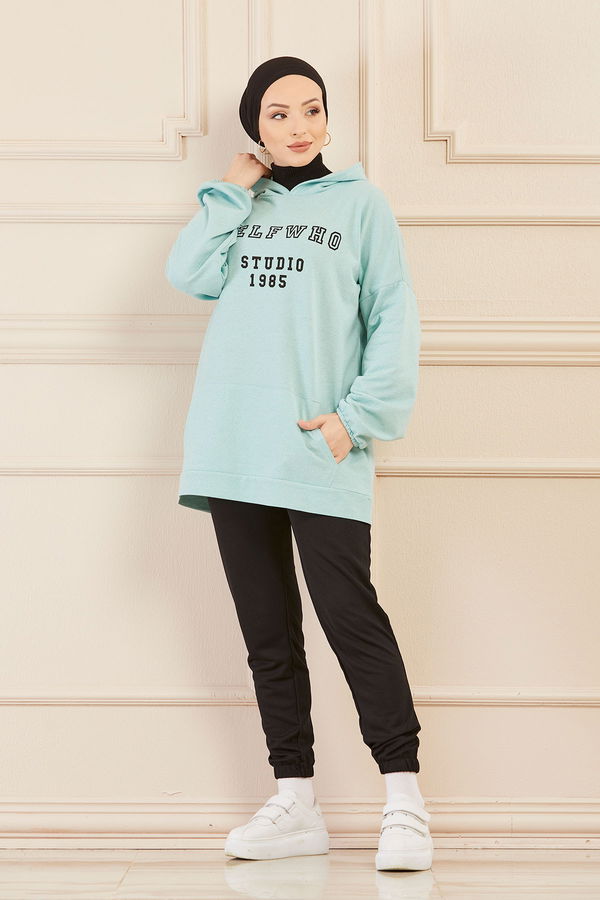 Düz Orta Kadın Yeşil Kapsonlu Sweat - 3322