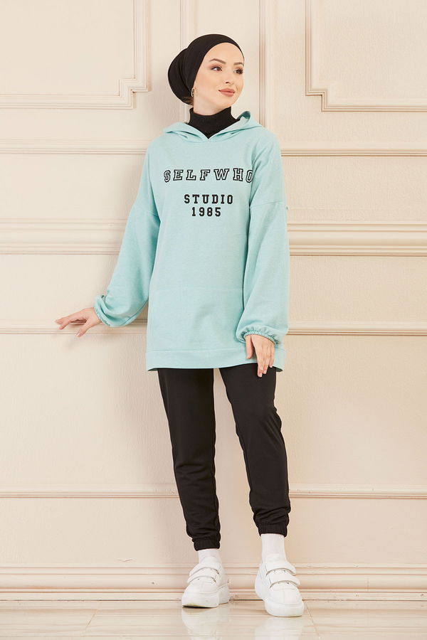 Düz Orta Kadın Yeşil Kapsonlu Sweat - 3322