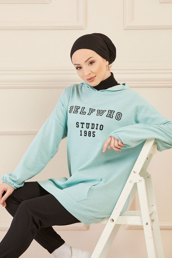 Düz Orta Kadın Yeşil Kapsonlu Sweat - 3322