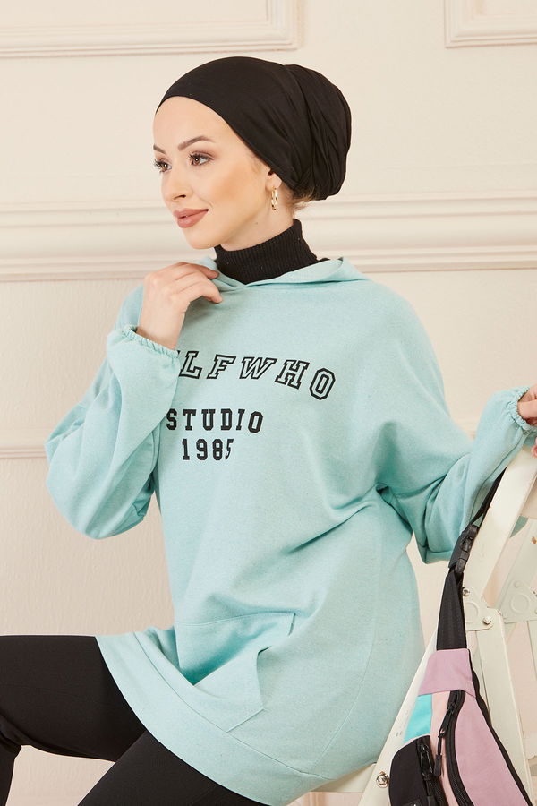 Düz Orta Kadın Yeşil Kapsonlu Sweat - 3322