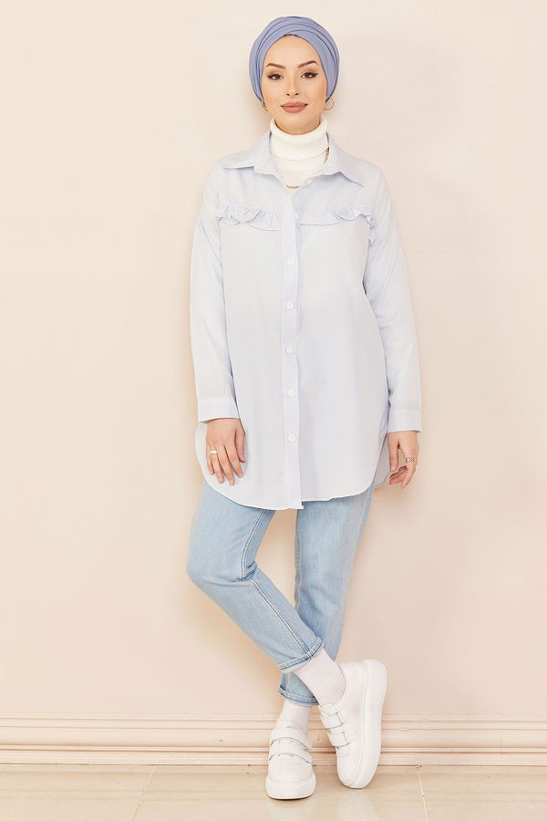 Düz Gömlek Yaka Kadın Mavi Bluz - 3798