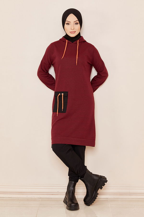Düz Kapsonlu Yaka Kadın Bordo Ceplı Tunık - 3835 BORDO