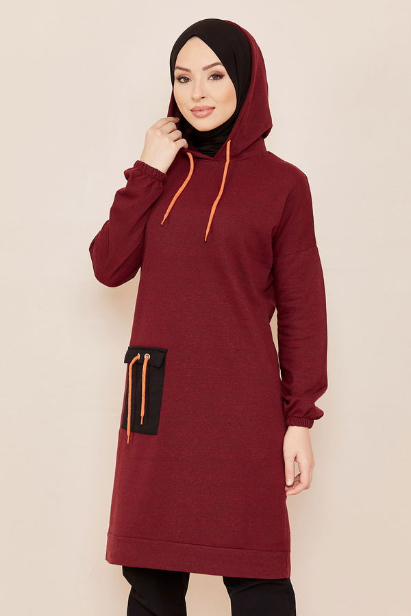 Düz Kapsonlu Yaka Kadın Bordo Ceplı Tunık - 3835 BORDO