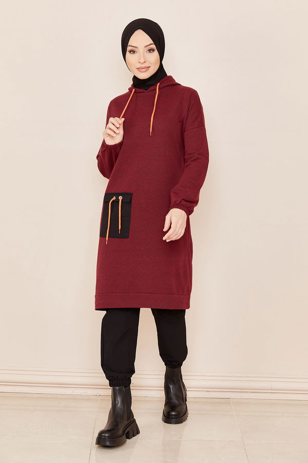 Düz Kapsonlu Yaka Kadın Bordo Ceplı Tunık - 3835 BORDO