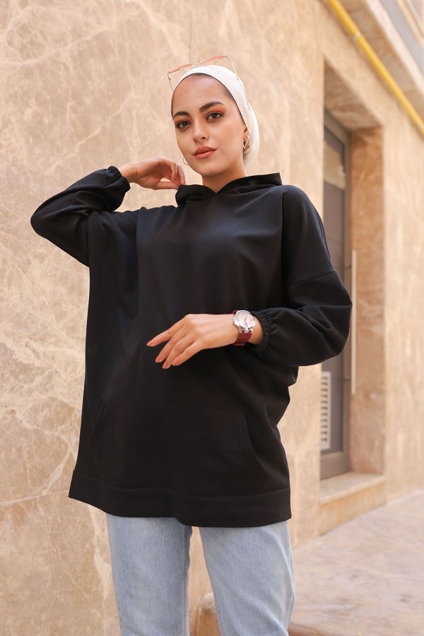 Düz Kapsonlu Yaka Kadın Siyah KAPSONLU SWEAT - 3258 SİYAH