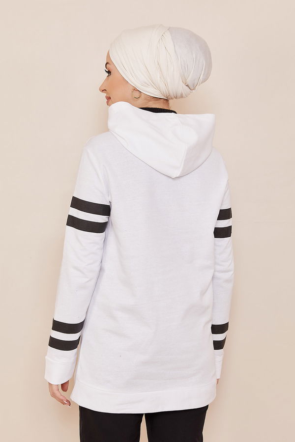 Düz Orta Kadın Beyaz Kapşonlu Sweat - 20859 BEYAZ