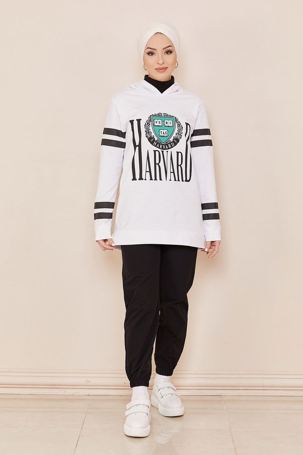 Düz Orta Kadın Beyaz Kapşonlu Sweat - 20859 BEYAZ