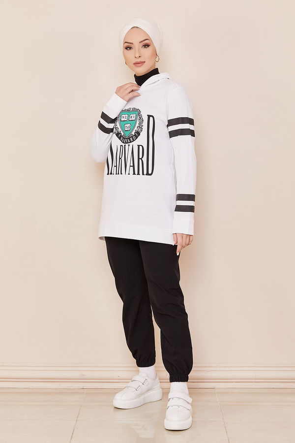 Düz Orta Kadın Beyaz Kapşonlu Sweat - 20859 BEYAZ