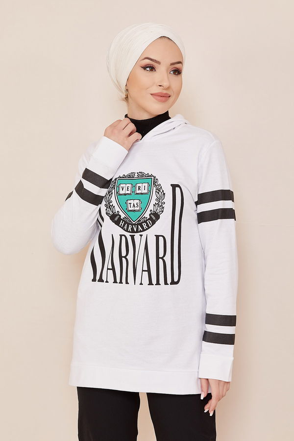 Düz Orta Kadın Beyaz Kapşonlu Sweat - 20859 BEYAZ