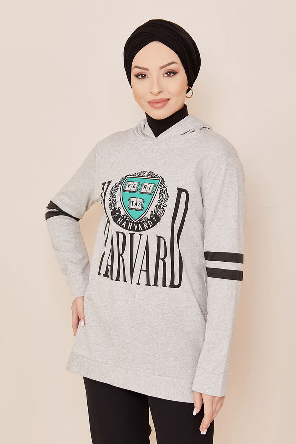 Düz Orta Kadın Gri Kapşonlu Sweat - 20859